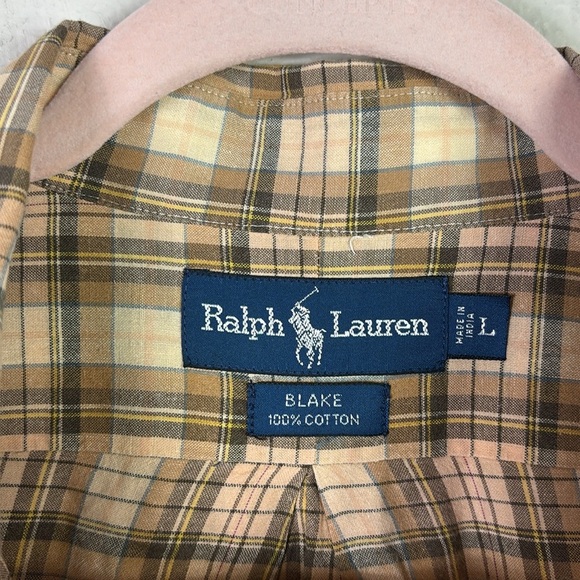 Ralph Lauren Button Down Shirt Brown Beige Plaid Blake Vintage size Large - Picture 5 of 7